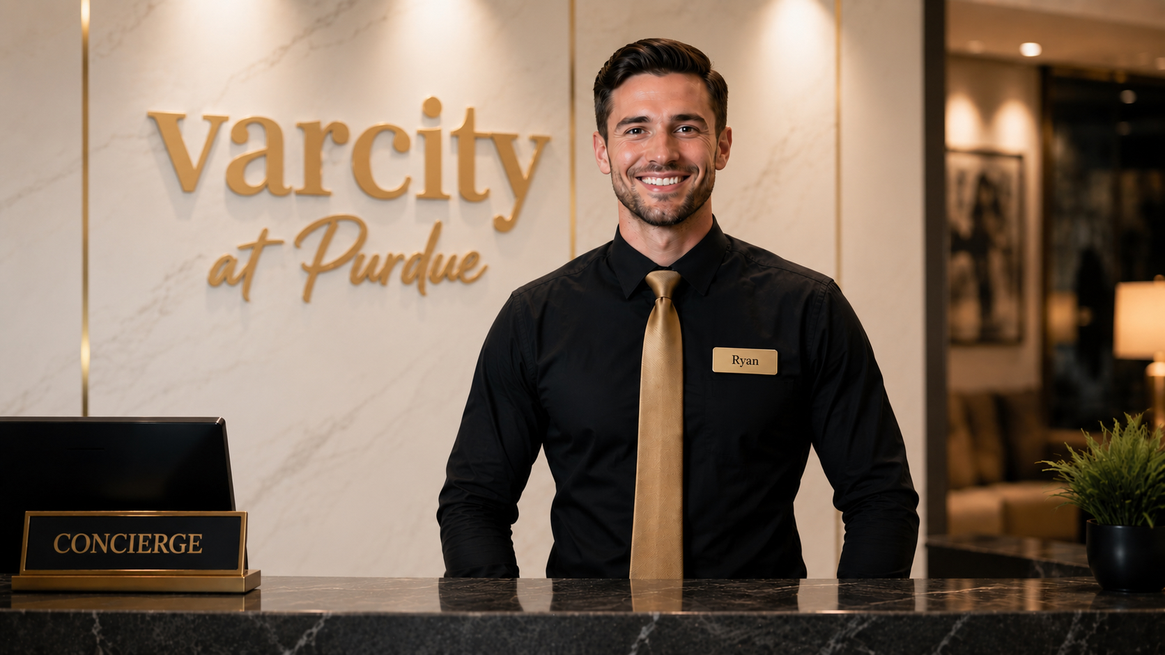 A Varcity at Purdue concierge in a black shirt and gold tie smiling behind the marble concierge desk